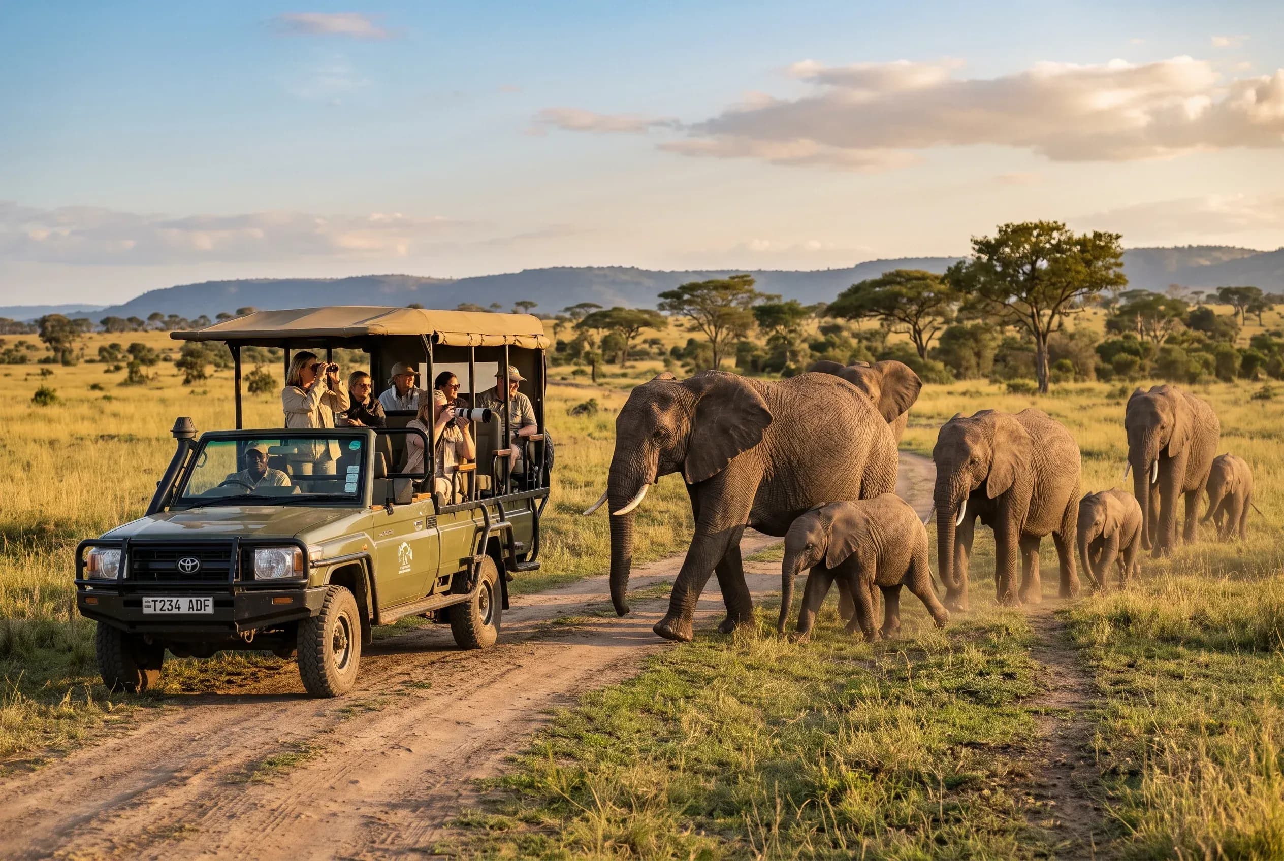 Safari vehicle on the savannah among wildlife, Tanzania