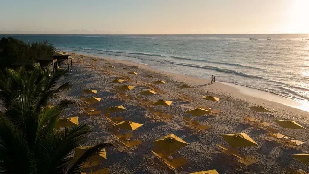 Aerial view of the beach at The Mora Zanzibar at sunrise, with sunbeds along Muyuni Beach