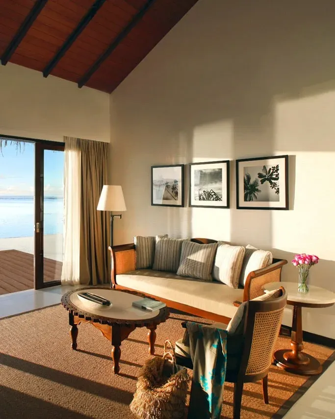 Beach Villa living room opening onto the terrace, The Residence Maldives at Falhumaafushi