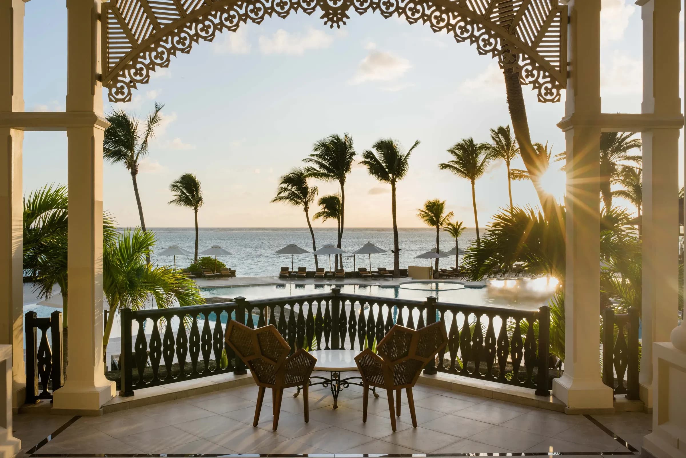 Beach and pool view from the lobby at The Residence Mauritius
