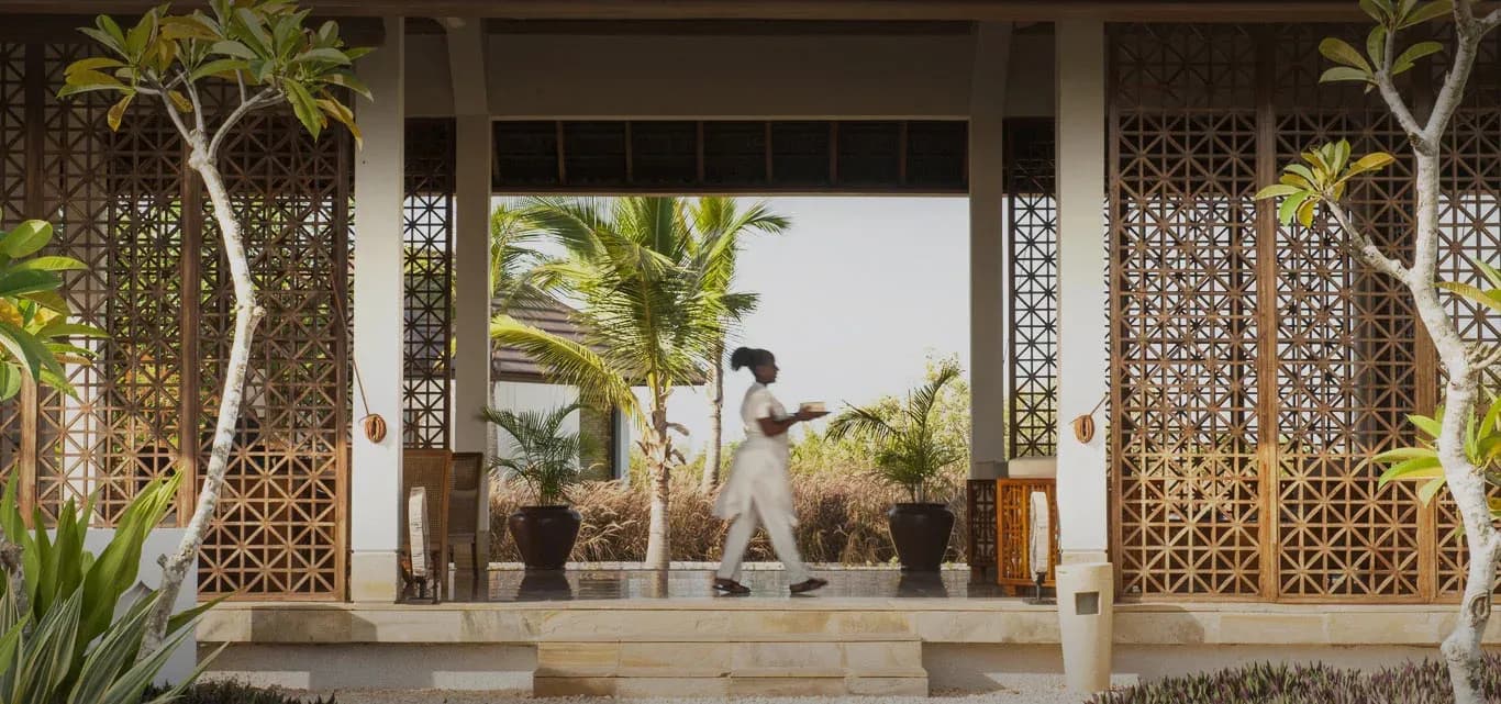 Fretwork-screened spa pavilion entrance at The Spa, The Residence Zanzibar