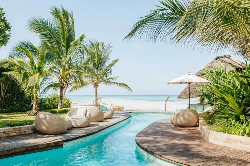 Infinity pool framed by palm trees overlooking the beach at Tulia Zanzibar