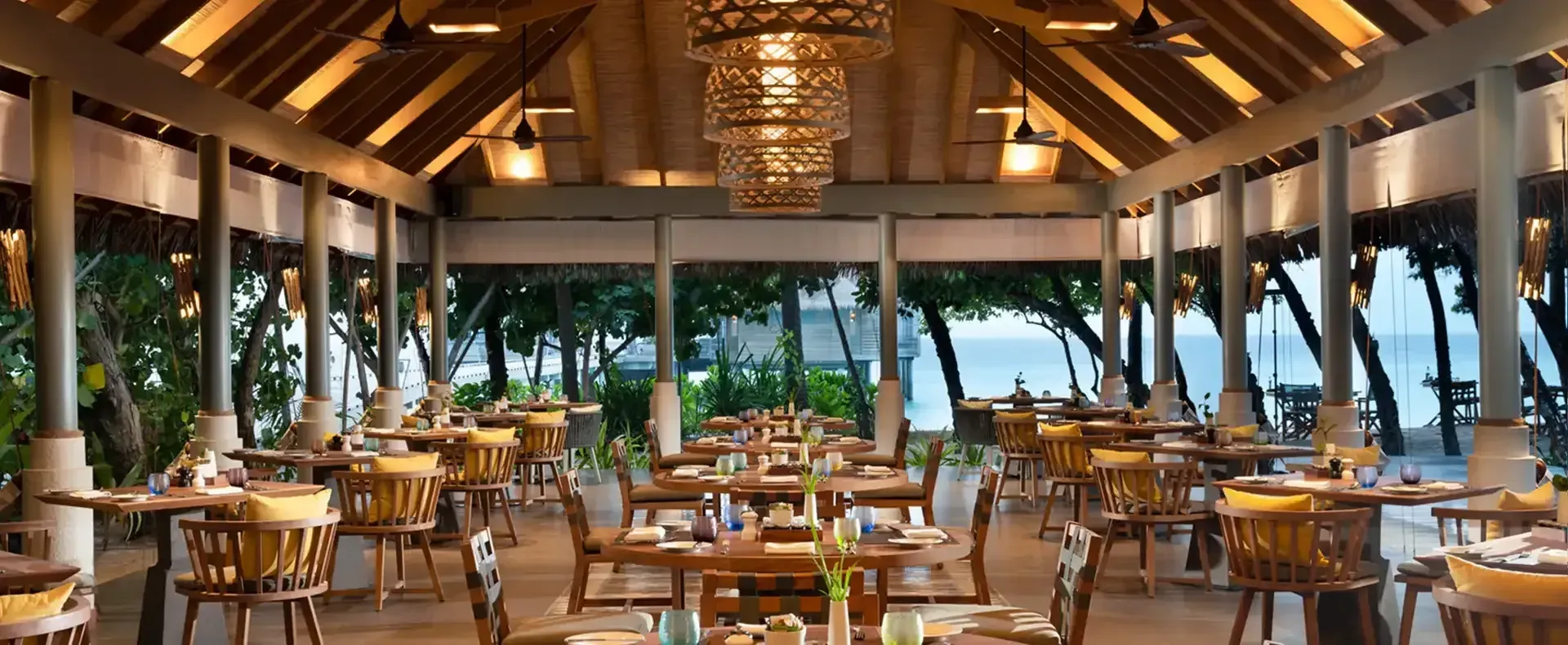 Amaany beachfront restaurant setting at Vakkaru Maldives