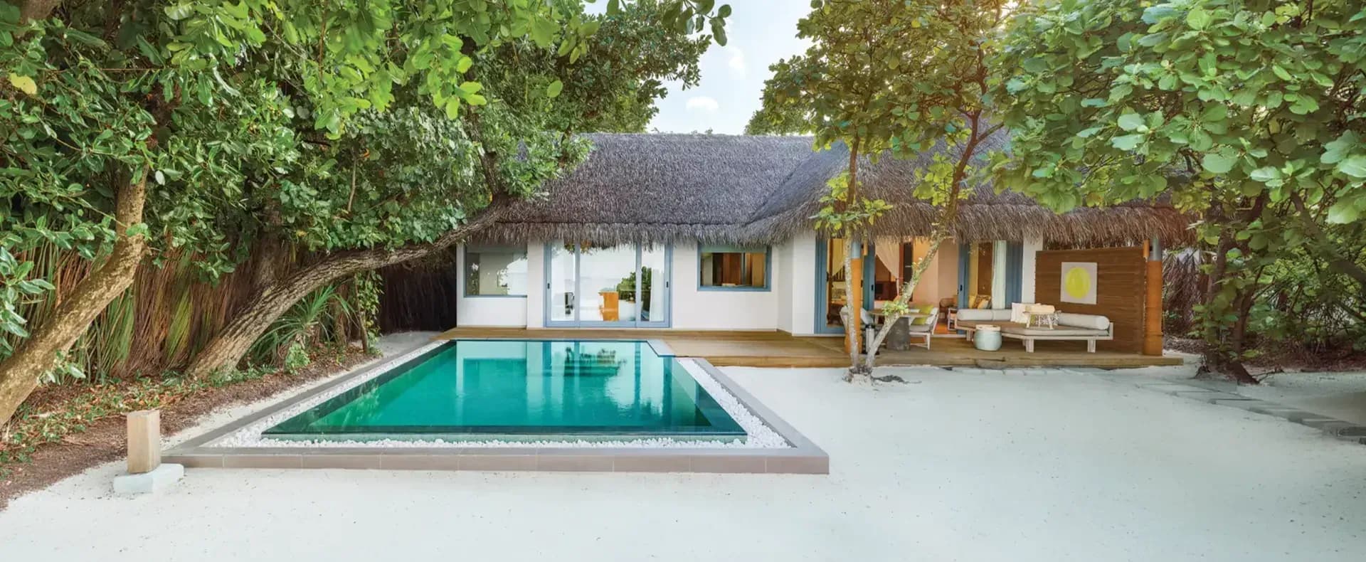 Beach Pool Villa exterior with private pool and garden at Vakkaru Maldives