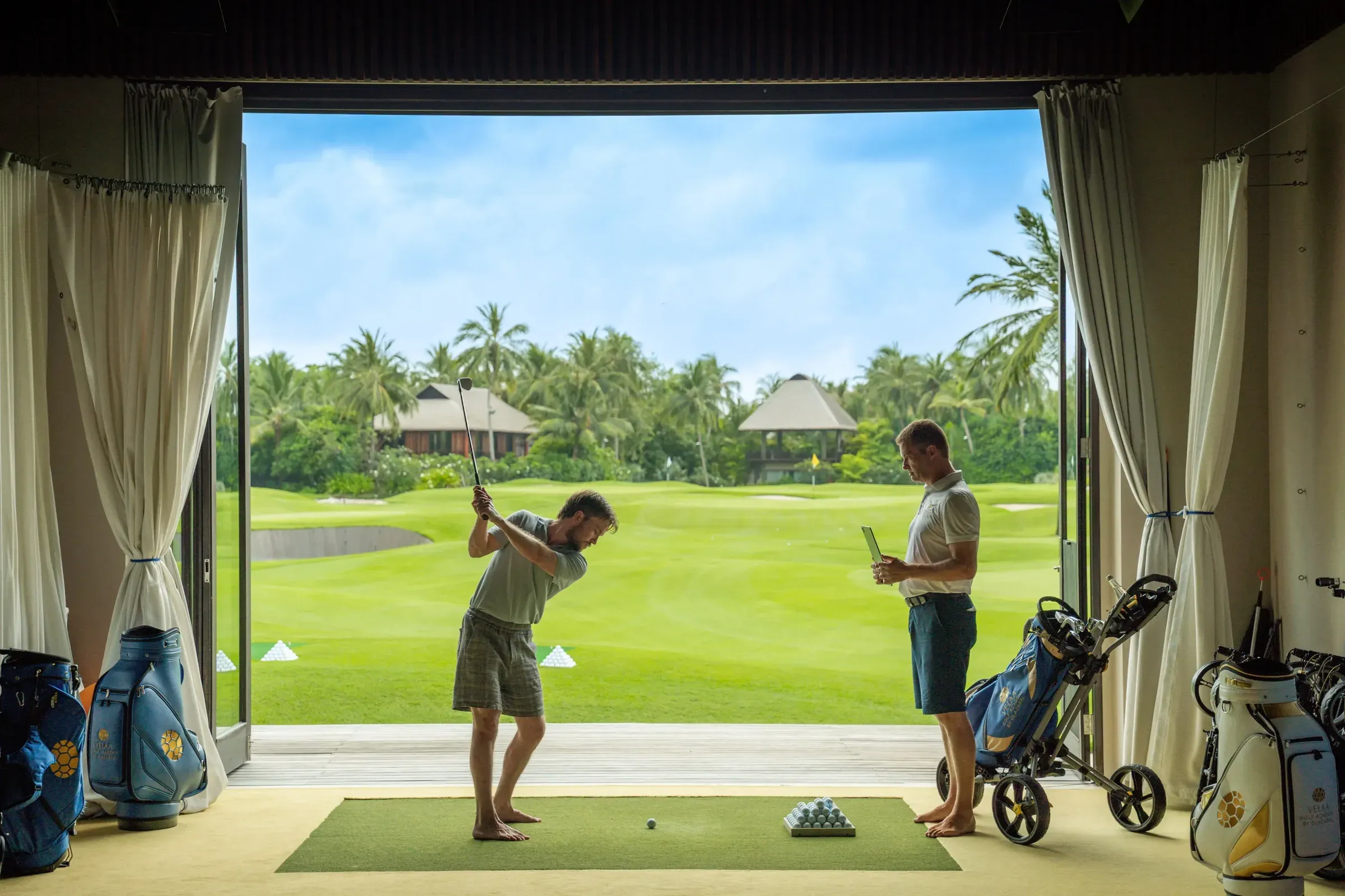 Velaa Golf Academy coaching bay overlooking the Jose Maria Olazabal-designed course