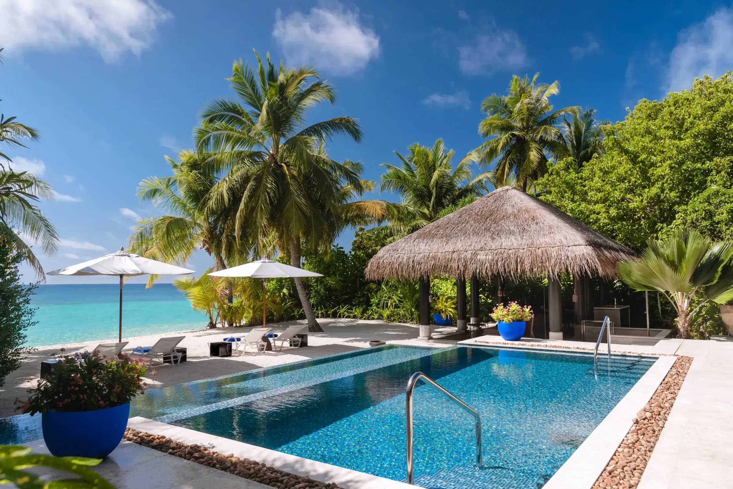 Beach Pool House twin pavilions and pool at Velaa Private Island