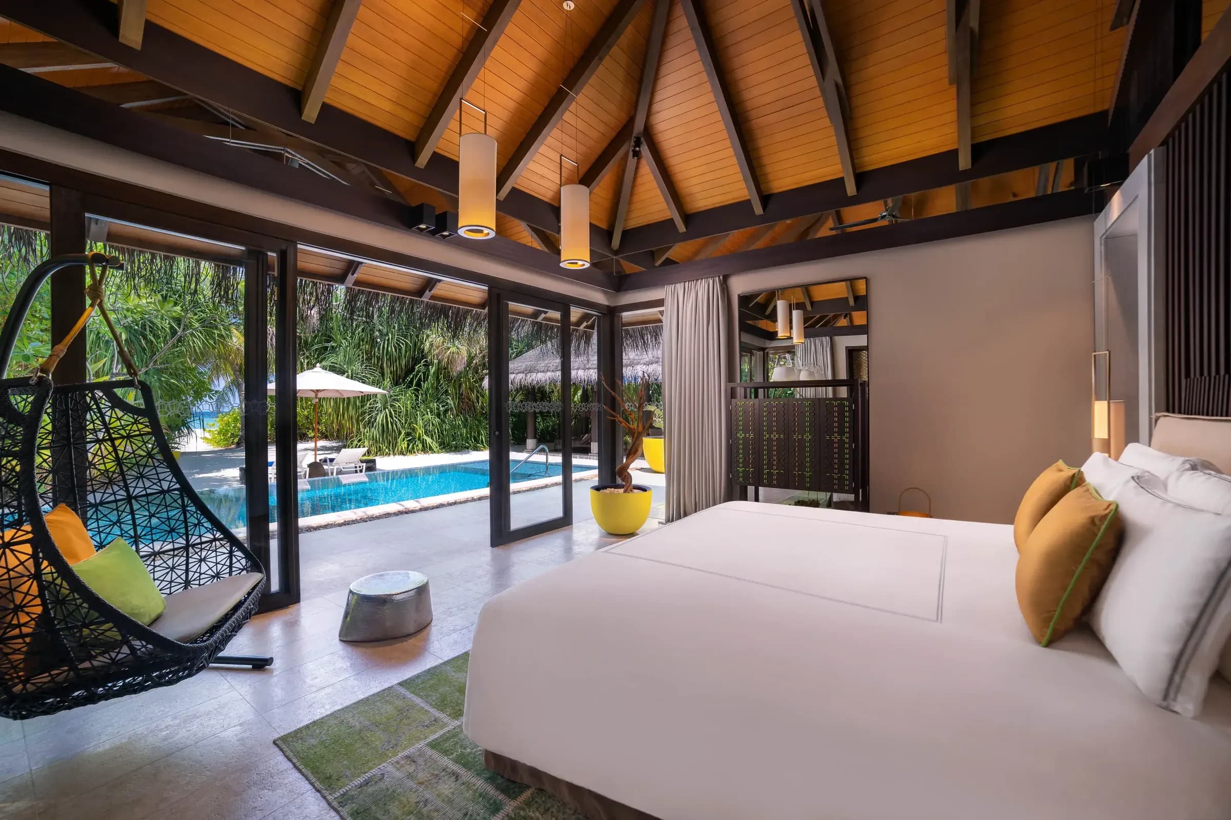 Exterior and private pool of the Deluxe Beach Pool Villa at Velaa Private Island
