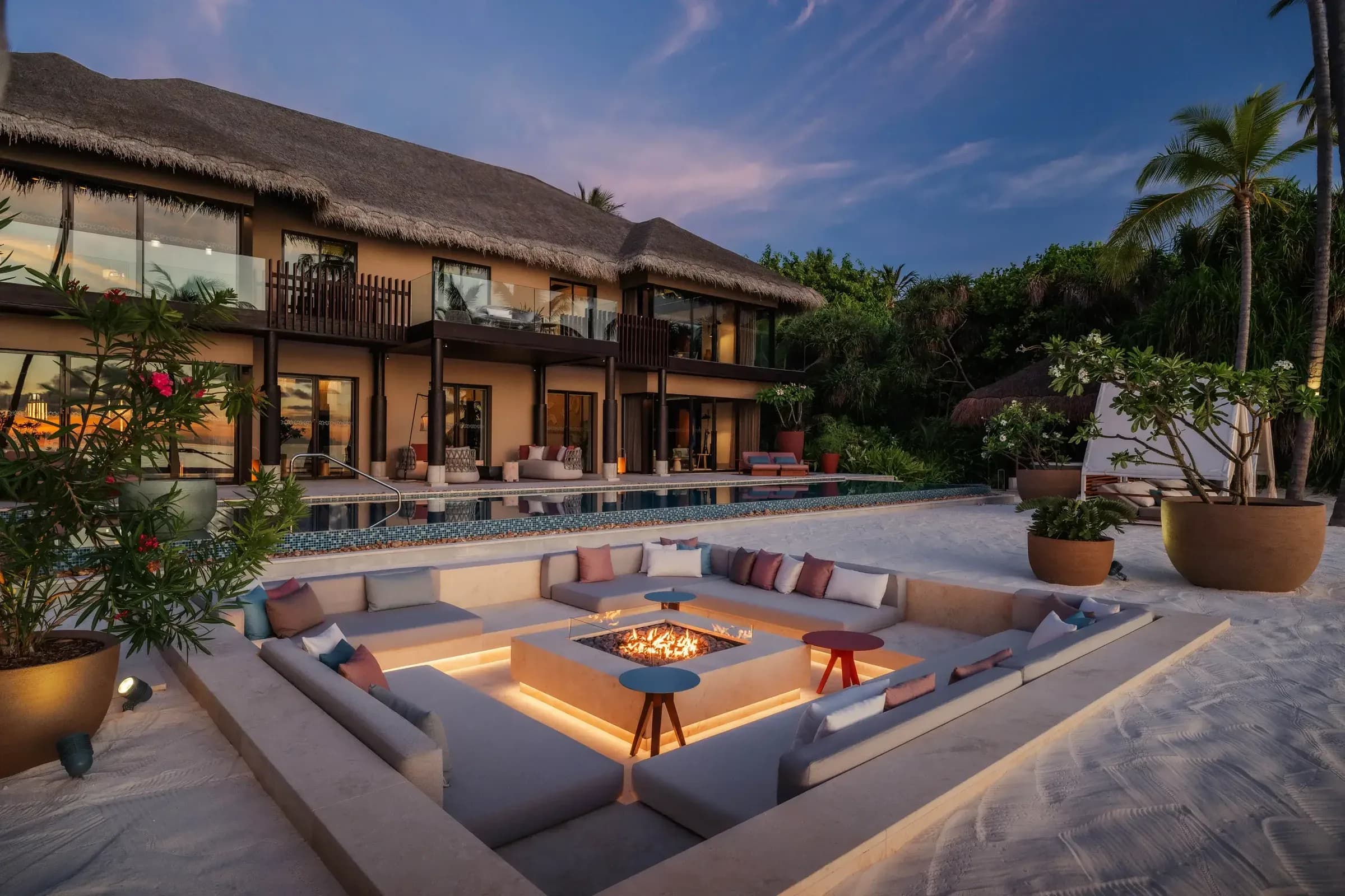 Nika Private Residence pool, sunken fire lounge and beachfront villa at Velaa Private Island