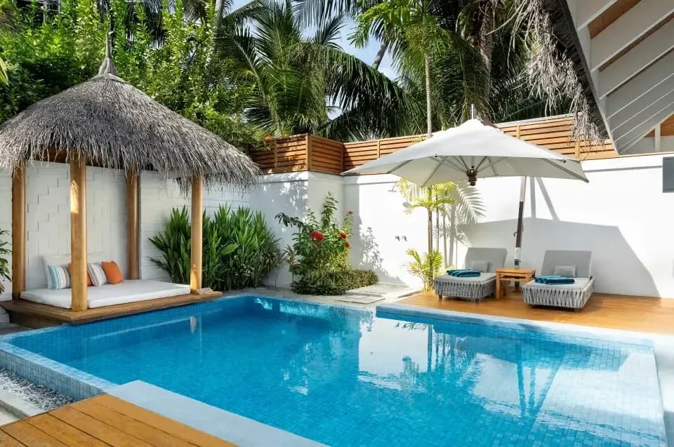 Pool Villa private pool sala and courtyard at Niva Velassaru Maldives