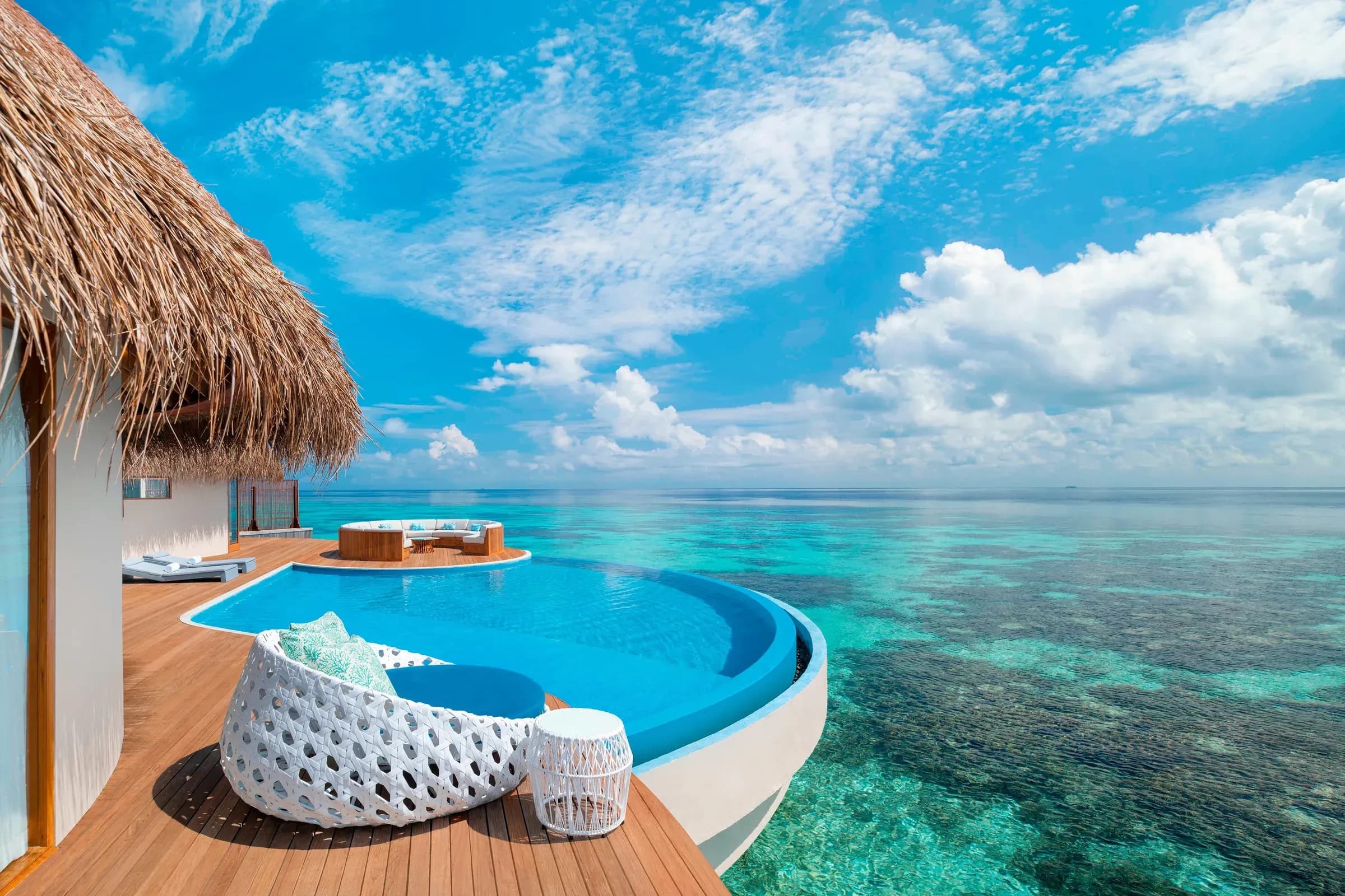 Aerial view of the Oasis Overwater Villa, W Maldives' largest two-bedroom overwater villa