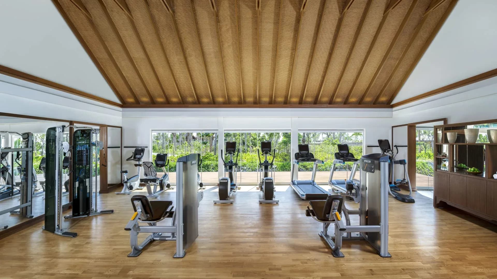 Fitness centre with treadmills and ellipticals at Waldorf Astoria Maldives Ithaafushi