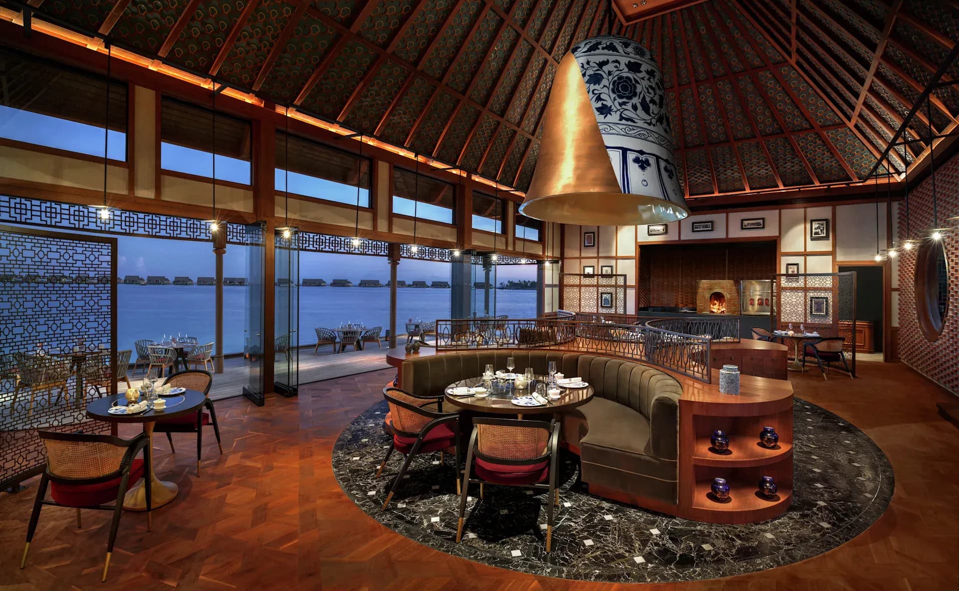Interior dining room at Li Long, the Chinese restaurant at Waldorf Astoria Maldives Ithaafushi