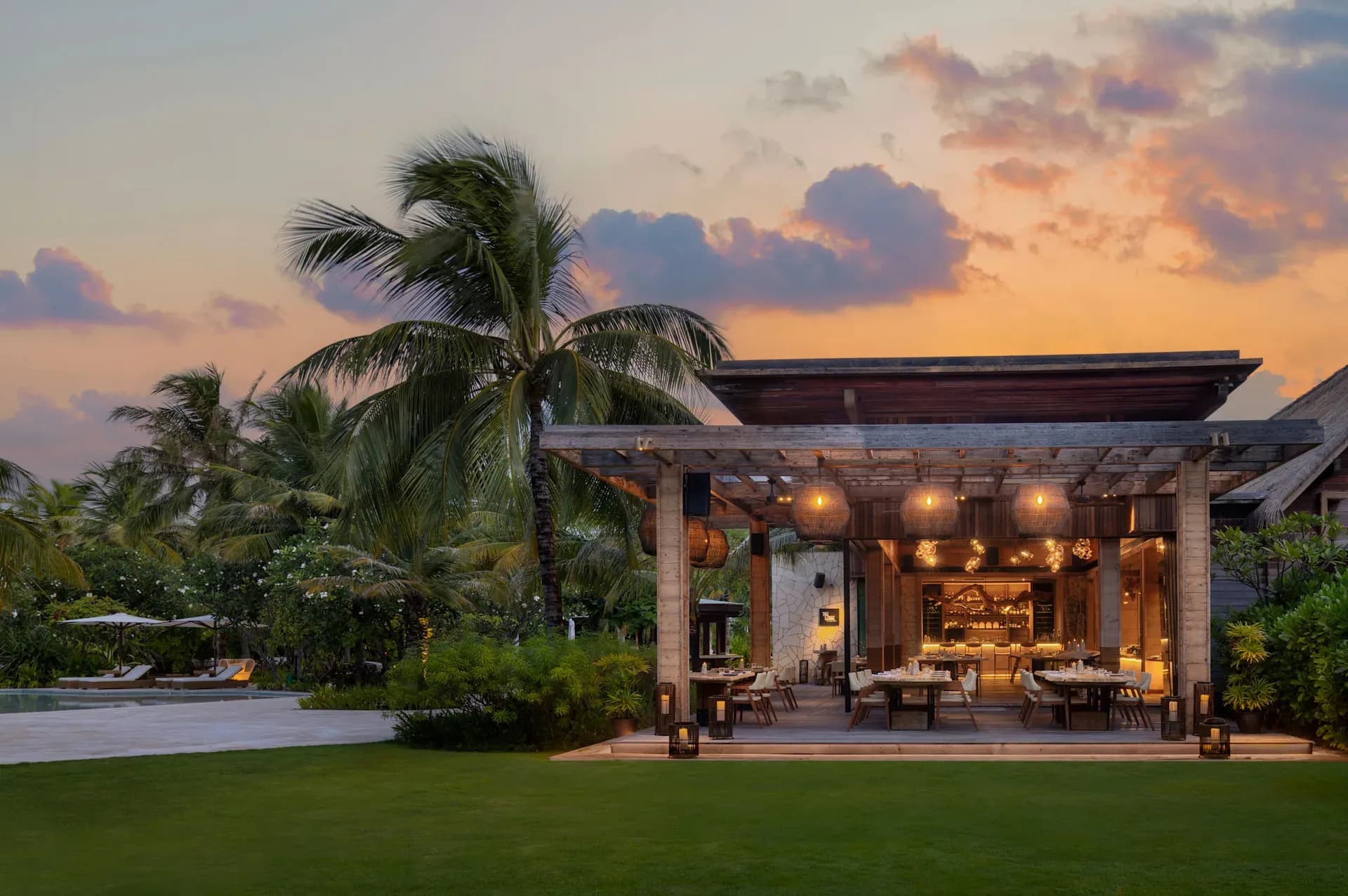 Exterior of The Ledge by Dave Pynt at sunset, Waldorf Astoria Maldives Ithaafushi