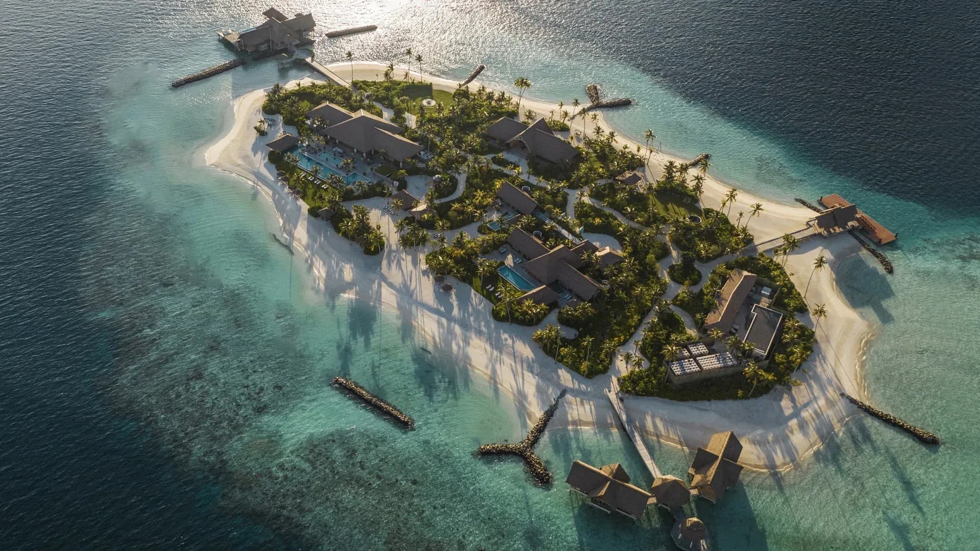 Aerial view of Ithaafushi Private Island, the resort's exclusive private island