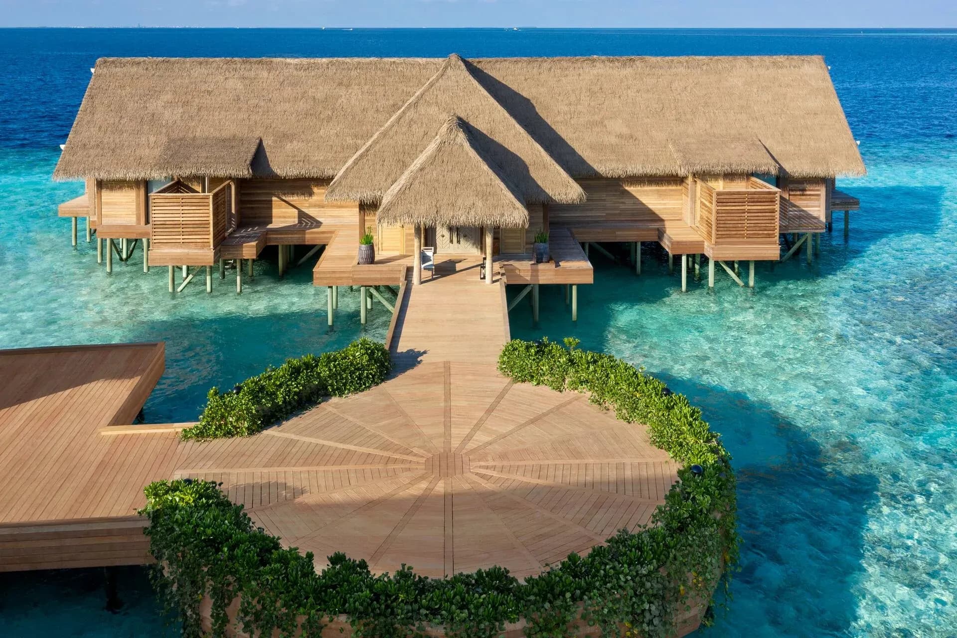Two Bedroom Overwater Villa exterior over the lagoon at Waldorf Astoria Maldives Ithaafushi
