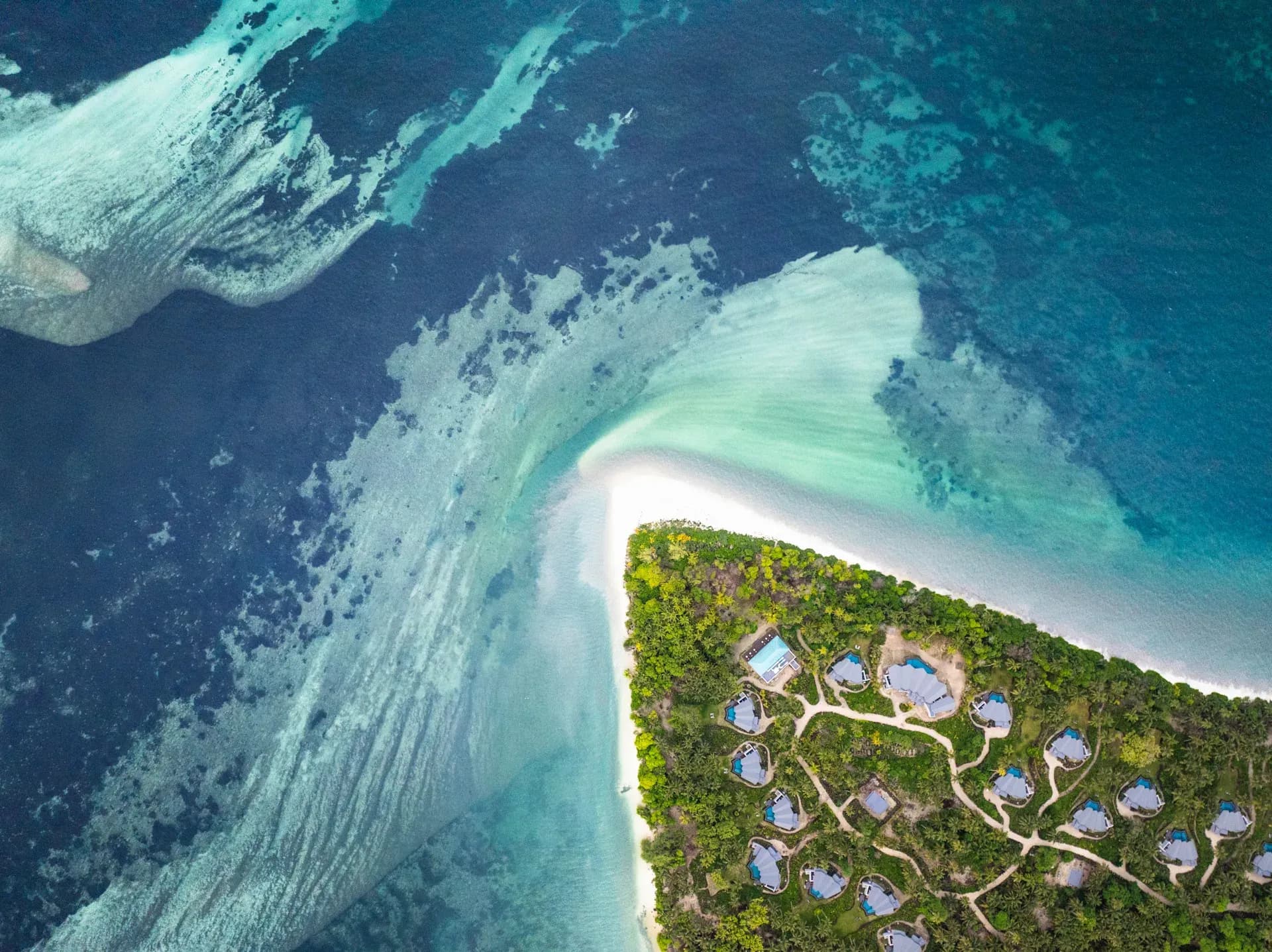 Aerial drone view of Waldorf Astoria Seychelles Platte Island's private island and lagoon