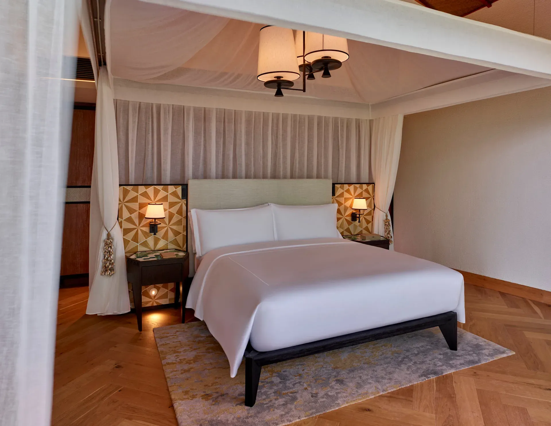 Bedroom interior of the One Bedroom Hawksbill Garden Pool Villa at Waldorf Astoria Seychelles Platte Island