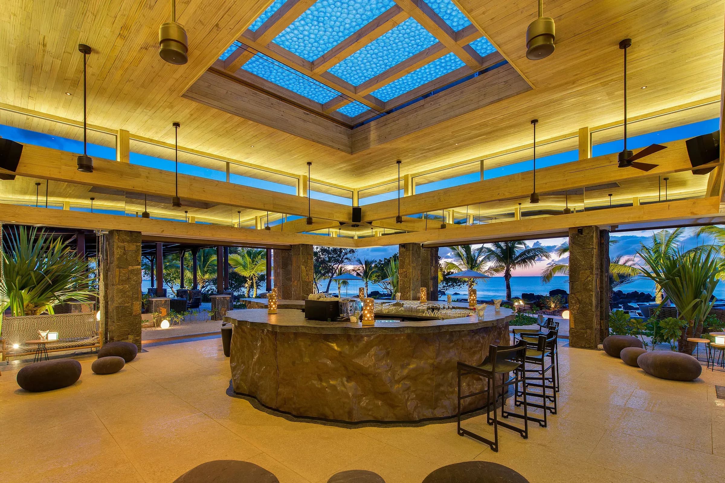 Mystique beachfront bar and lounge at dusk at The Westin Turtle Bay Resort & Spa, Mauritius