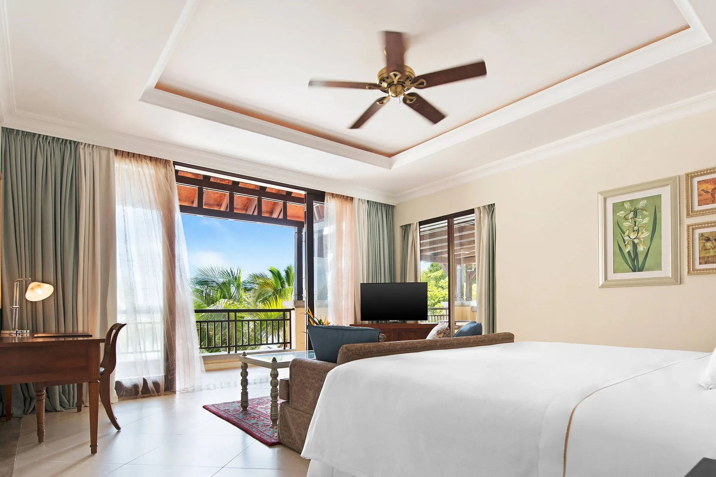 Club Junior Suite bedroom and private terrace at The Westin Turtle Bay Resort & Spa, Mauritius