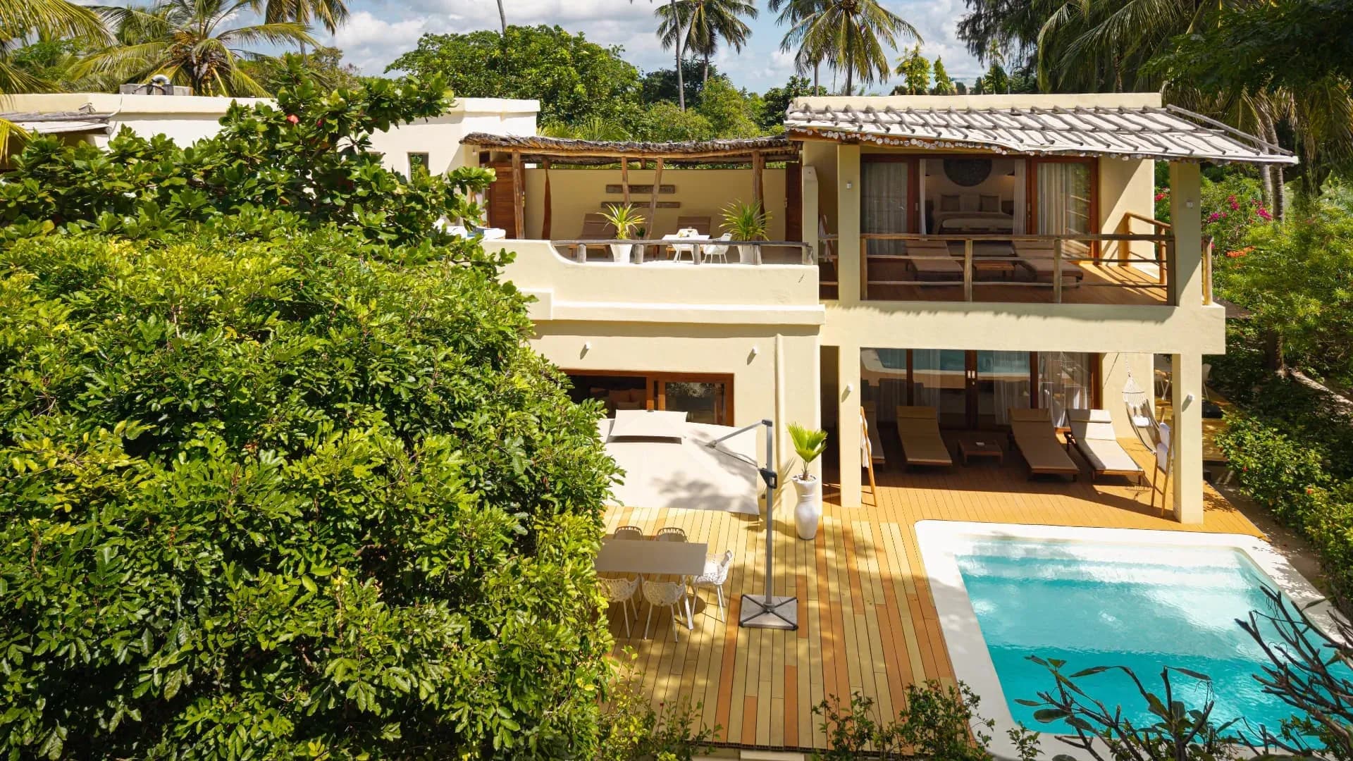 Aerial view of the Garden Luxury Five-Bedroom Villa's private pool at White Sand