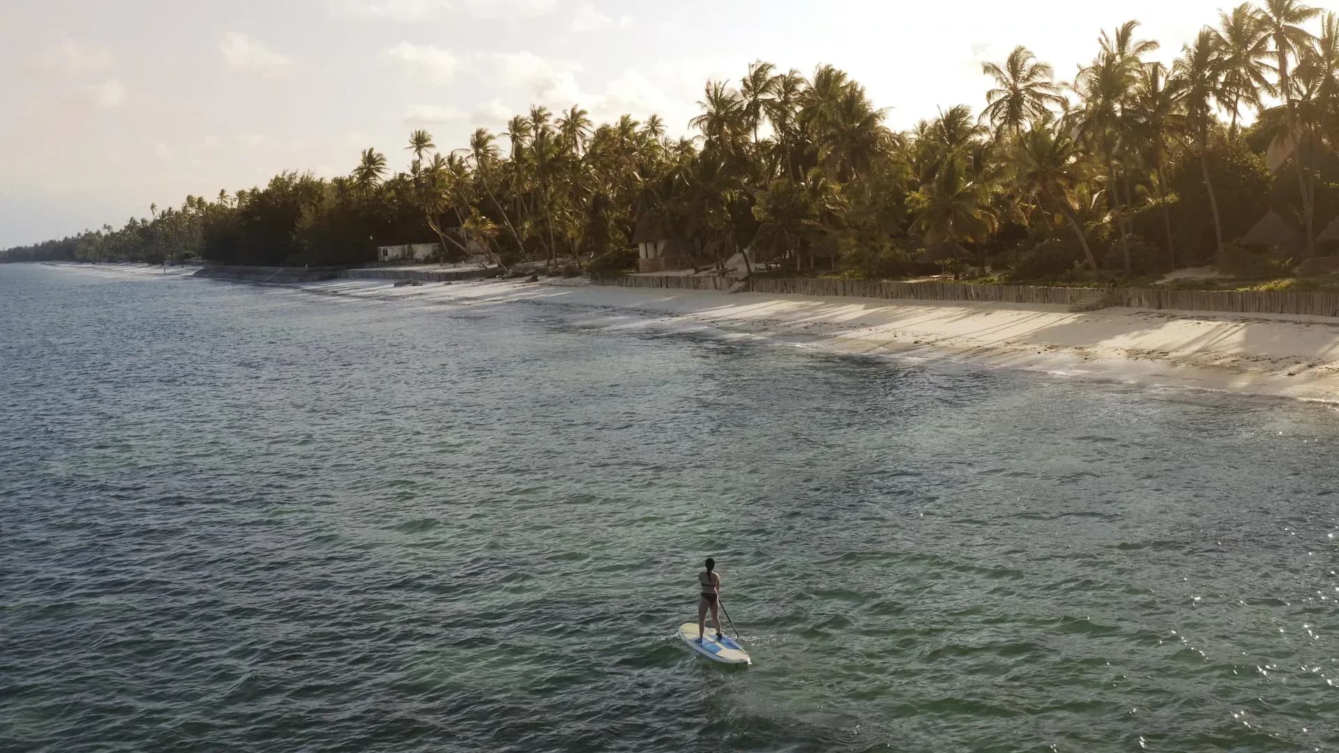 Guest paddleboarding along the palm-lined shore at Xanadu Luxury Villas, Zanzibar