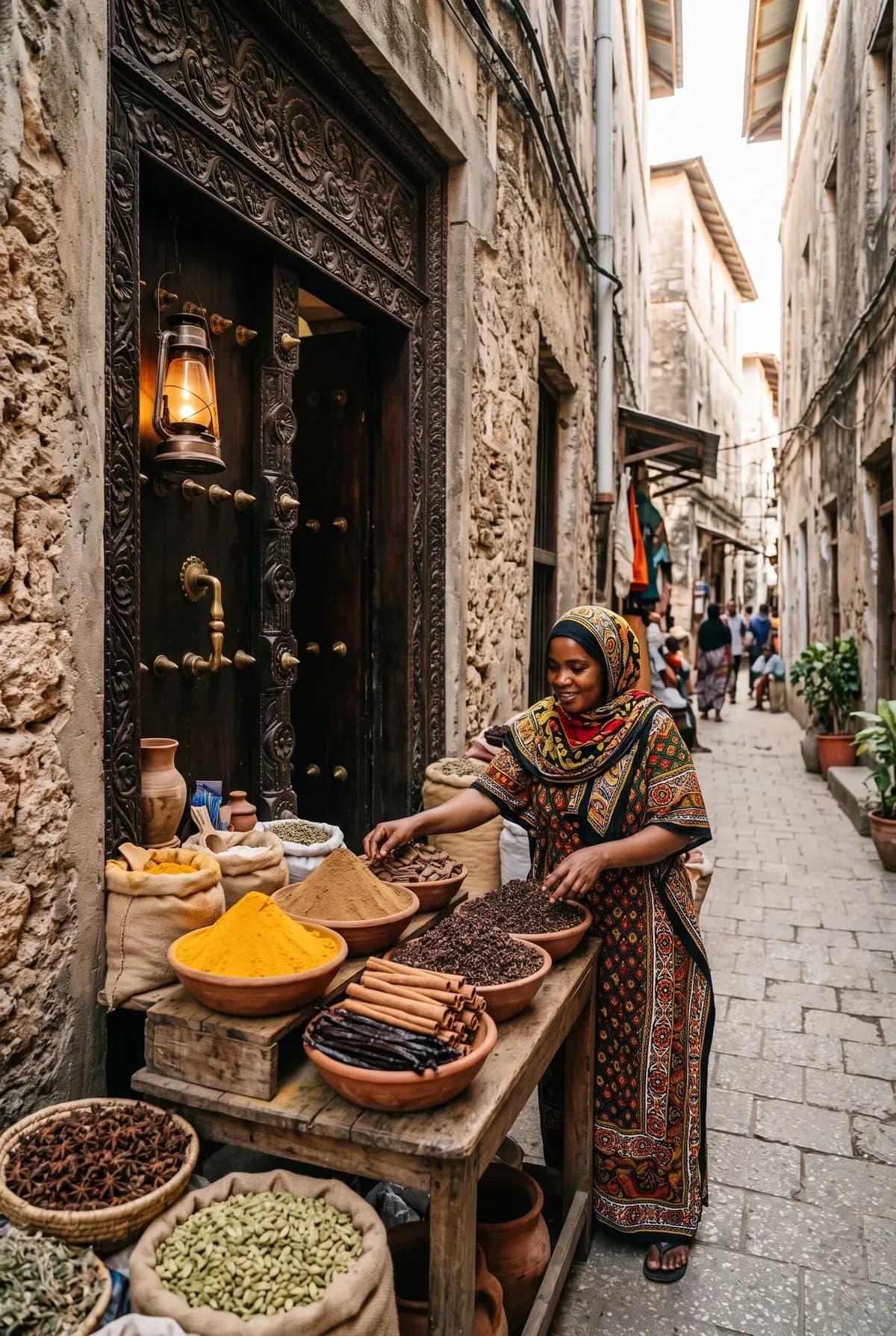 Spice stall beside a carved door in a Stone Town alley
